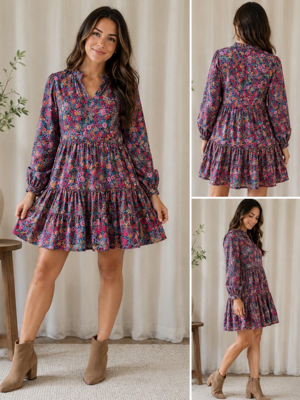 J. Crew Purple Floral Tiered Long-Sleeve Dress